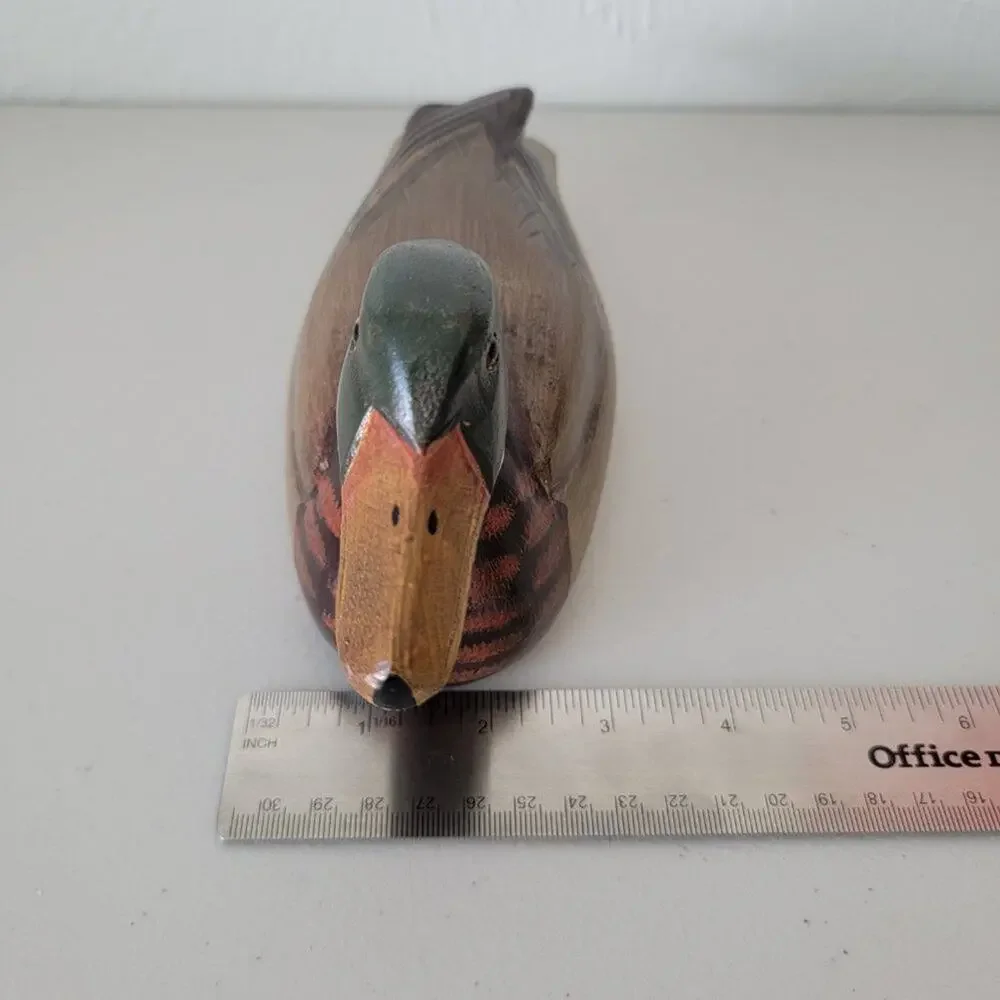 Vintage Hand Painted Wooden Duck Decoy Hand Carved Mallard Figurine Glass Eyes